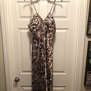 Brown and white satin evening gown